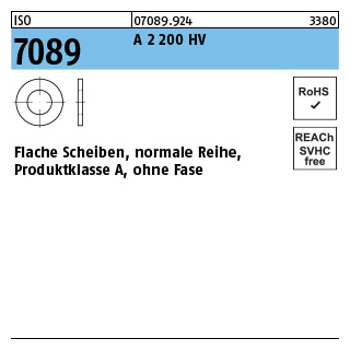 200 Stück, ISO 7089 A 2 200 HV Flache Scheiben, normale Reihe, Produktklasse A, ohne Fase - Abmessung: 3