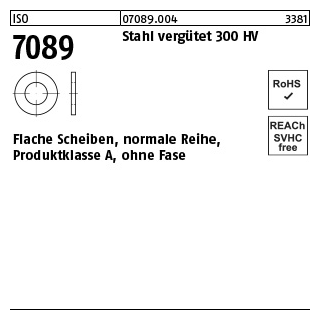 200 Stück, ISO 7089 Stahl, verg. 300 HV Flache Scheiben, normale Reihe, Produktklasse A, ohne Fase - Abmessung: 5