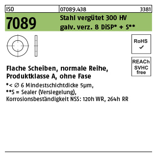 200 Stück, ISO 7089 Stahl 300 HV galv. verz. 8 DiSP + S Flache Scheiben, normale Reihe, Produktklasse A, ohne Fase - Abmessung: 5