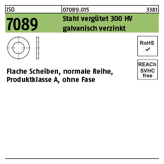 200 Stück, ISO 7089 Stahl verg. 300 HV galvanisch verzinkt Flache Scheiben, normale Reihe, Produktklasse A, ohne Fase - Abmessung: 6