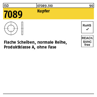 100 Stück, ISO 7089 Kupfer Flache Scheiben, normale Reihe, Produktklasse A, ohne Fase - Abmessung: 6