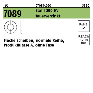 250 Stück, ISO 7089 Stahl 200 HV feuerverzinkt Flache Scheiben, normale Reihe, Produktklasse A, ohne Fase - Abmessung: 16