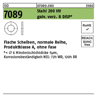 100 Stück, ISO 7089 Stahl 200 HV galv. verz. 8 DiSP Flache Scheiben, normale Reihe, Produktklasse A, ohne Fase - Abmessung: 30