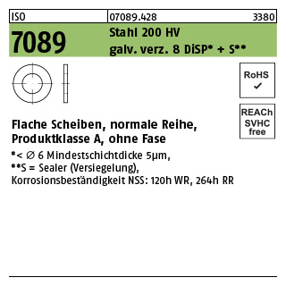 100 Stück, ISO 7089 Stahl 200 HV galv. verz. 8 DiSP + S Flache Scheiben, normale Reihe, Produktklasse A, ohne Fase - Abmessung: 30