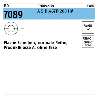 10 Stück, ISO 7089 A 5 (1.4571) 200 HV Flache Scheiben, normale Reihe, Produktklasse A, ohne Fase - Abmessung: 30