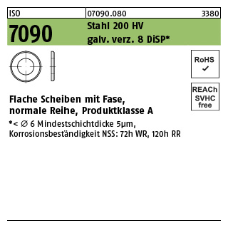 1000 Stück, ISO 7090 Stahl 200 HV galv. verz. 8 DiSP Flache Scheiben mit Fase, normale Reihe, Produktklasse A - Abmessung: 5