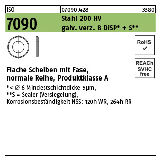 1000 Stück, ISO 7090 Stahl 200 HV galv. verz. 8 DiSP + S Flache Scheiben mit Fase, normale Reihe, Produktklasse A - Abmessung: 5