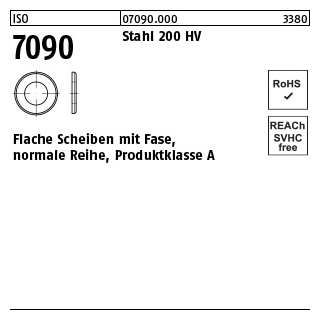 1000 Stück, ISO 7090 Stahl 200 HV Flache Scheiben mit Fase, normale Reihe, Produktklasse A - Abmessung: 6