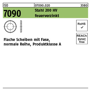 1000 Stück, ISO 7090 Stahl 200 HV feuerverzinkt Flache Scheiben mit Fase, normale Reihe, Produktklasse A - Abmessung: 6