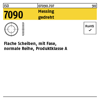 100 Stück, ISO 7090 Messing gedreht Flache Scheiben mit Fase, normale Reihe, Produktklasse A - Abmessung: 6