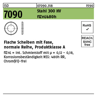 1000 Stück, ISO 7090 Stahl 300 HV flZnL 480h (zinklamellenbesch.) Flache Scheiben mit Fase, normale Reihe, Produktklasse A - Abmessung: 8