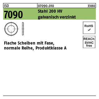 10 Stück, ISO 7090 Stahl 200 HV galvanisch verzinkt Flache Scheiben mit Fase, normale Reihe, Produktklasse A - Abmessung: 48