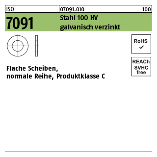 50 Stück, ISO 7091 Stahl 100 HV galvanisch verzinkt Flache Scheiben, normale Reihe, Produktklasse C - Abmessung: 39