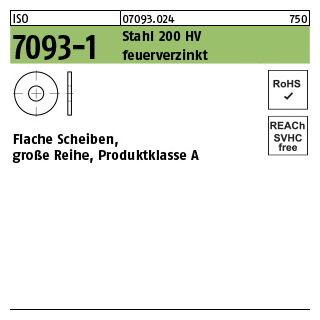 500 Stück, ISO 7093-1 Stahl 200 HV feuerverzinkt Flache Scheiben, große Reihe, Produktklasse A - Abmessung: 8