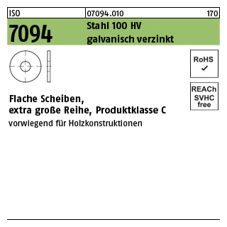 100 Stück, ISO 7094 Stahl 100 HV galvanisch verzinkt Flache Scheiben, extra große Reihe, Produktklasse C - Abmessung: 12