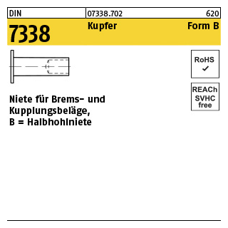 100 Stück, DIN 7338 Kupfer Form B Niete für Brems- und Kupplungsbeläge, Halbhohlniete - Abmessung: B 6 x 12