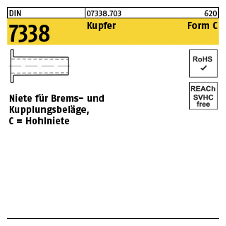 100 Stück, DIN 7338 Kupfer Form C Niete für Brems- und Kupplungsbeläge, Hohlniete - Abmessung: C 6 x 25