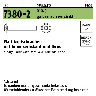 500 Stück, ISO 7380-2 010.9 galvanisch verzinkt Flachkopfschrauben mit Innensechskant und Bund - Abmessung: M 3 x 6