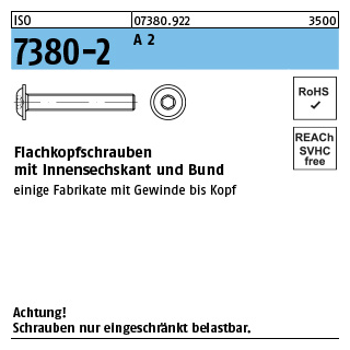 500 Stück, ISO 7380-2 A 2 Flachkopfschrauben mit Innensechskant und Bund - Abmessung: M 3 x 6