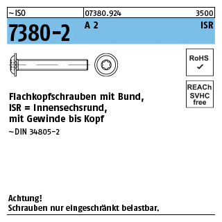 500 Stück, ~ISO 7380-2 A 2 ISR Flachkopfschrauben mit Innensechsrund und Bund - Abmessung: M 3 x 6 -T10