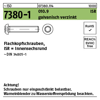 500 Stück, ~ISO 7380-1 010.9 ISR galvanisch verzinkt Flachkopfschrauben, mit Innensechsrund - Abmessung: M 4 x 10 -T20