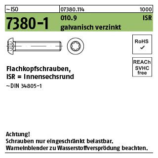 500 Stück, ~ISO 7380-1 010.9 ISR galvanisch verzinkt Flachkopfschrauben, mit Innensechsrund - Abmessung: M 5 x 16 -T25