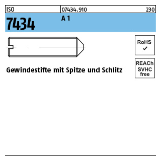 50 Stück, ISO 7434 A 1 Gewindestifte mit Spitze und Schlitz - Abmessung: M 2,5 x 6