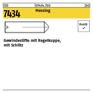 100 Stück, ISO 7434 Messing Gewindestifte mit Kegelkuppe, mit Schlitz - Abmessung: M 3 x 5