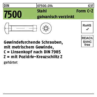 2000 Stück, DIN 7500 Stahl Form C-Z galvanisch verzinkt Gewindefurchende Schrauben, KS -Z, metr. Gewinde, Linsenkopf nach DIN 7985 - Abmessung: CM 5 x 8 -Z