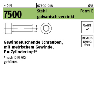 1000 Stück, ~DIN 7500 Stahl Form E galvanisch verzinkt Gewindefurchende Schrauben, ISK, metr. Gewinde, Zylinderkopf - Abmessung: E M 5 x 25