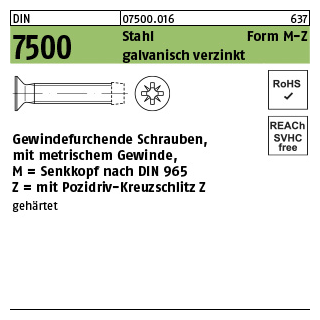 500 Stück, DIN 7500 Stahl Form M-Z galvanisch verzinkt Gewindefurchende Schrauben, KS -Z metr. Gewinde, Senkkopf nach DIN 965 - Abmessung: MM 6 x 12 -Z