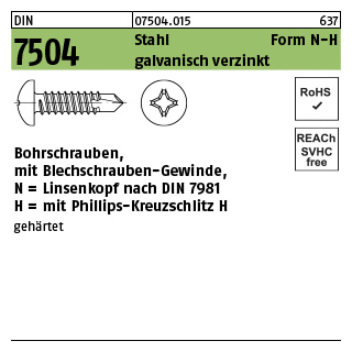 1000 Stück, DIN 7504 Stahl Form N-H galvanisch verzinkt Bohrschrauben, mit Blechschrauben-Gew., mit Linsenkopf nach DIN 7981, mit KS -H - Abmessung: N 2,9 x 9,5-H