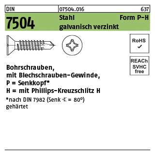 1000 Stück, DIN 7504 Stahl Form P-H galvanisch verzinkt Bohrschrauben, mit Blechschrauben-Gew., mit Senkkopf nach DIN 7982, KS -H - Abmessung: P 2,9 x 13 -H