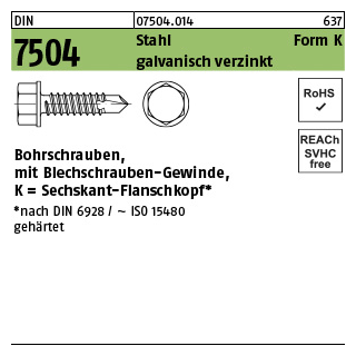 1000 Stück, DIN 7504 Stahl Form K galvanisch verzinkt Bohrschrauben, mit Blechschrauben-Gew., mit Sechskant-Flanschkopf - Abmessung: K 3,5 x 19