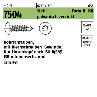 1000 Stück, ~DIN 7504 Stahl Form N-ISR galvanisch verzinkt Bohrschrauben, mit Blechschrauben-Gew., mit Linsenkopf nach ISO 14585, mit ISR - Abmessung: N 3,5 x 25 -T15