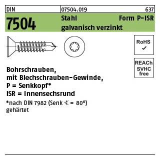 1000 Stück, DIN 7504 Stahl Form P-ISR galvanisch verzinkt Bohrschrauben, mit Blechschrauben-Gew., mit Senkkopf nach DIN 7982, mit ISR - Abmessung: P 3,9 x 16 -T20