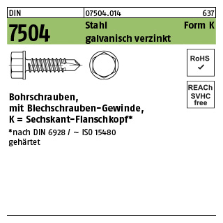 500 Stück, DIN 7504 Stahl Form K galvanisch verzinkt Bohrschrauben, mit Blechschrauben-Gew., mit Sechskant-Flanschkopf - Abmessung: K 5,5 x 19