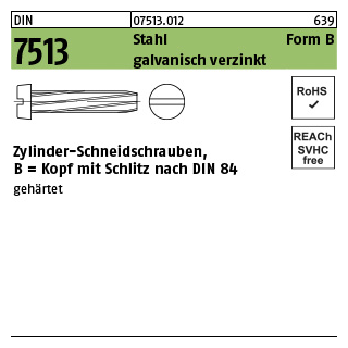 1000 Stück, DIN 7513 Stahl Form B galvanisch verzinkt Zylinder-Schneidschrauben, Kopf mit Schlitz nach DIN 84 - Abmessung: BM 3 x 6