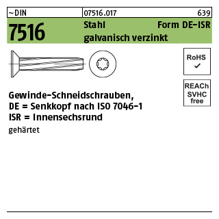 2000 Stück, ~DIN 7516 Stahl Form DE-ISR galvanisch verzinkt Gewinde-Schneidschrauben mit Senkkopf nach ISO 7046-1, ISR - Abmessung: DE M 3 x 6 -T10