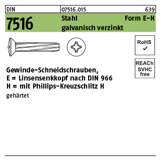 2000 Stück, DIN 7516 Stahl Form E-H galvanisch verzinkt Gewinde-Schneidschrauben mit Linsensenkkopf nach DIN 966, KS -H - Abmessung: EM 3 x 8 -H