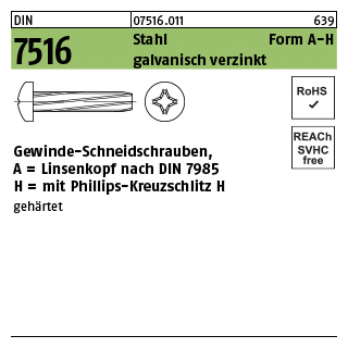 2000 Stück, DIN 7516 Stahl Form A-H galvanisch verzinkt Linsen-Schneidschrauben mit Kopf nach DIN 7985, KS -H - Abmessung: AM 3 x 16 -H