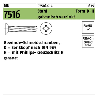 2000 Stück, DIN 7516 Stahl Form D-H galvanisch verzinkt Senk-Schneidschrauben mit Kopf nach DIN 965, KS -H - Abmessung: DM 3 x 16 -H