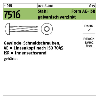 2000 Stück, ~DIN 7516 Stahl Form AE-ISR galvanisch verzinkt Gewinde-Schneidschrauben mit Linsenkopf nach ISO 7045, ISR - Abmessung: AE M 4 x 16 -T20