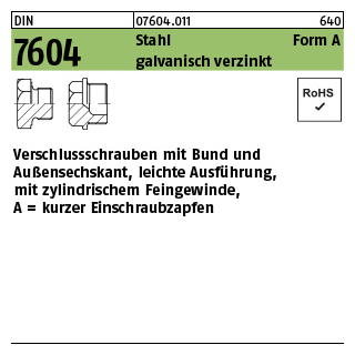 50 Stück, DIN 7604 Stahl Form A galvanisch verzinkt verschlussschrauben mit Bund und Ask., leichte Ausführung, mit zyl. Fein-Gew. - Abmessung: AM 12 x 1,5