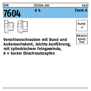 10 Stück, DIN 7604 A 4 Form A verschlussschrauben mit Bund und Ask., leichte Ausführung, mit zyl. Fein-Gew. - Abmessung: AM 12 x 1,5