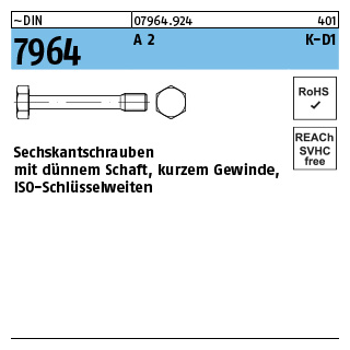 100 Stück, ~DIN 7964 A 2 K-D1 Sechskantschrauben mit dünnem Schaft, kurzem Gew., Schlüsselweiten nach ISO - Abmessung: M 8 x 30/10