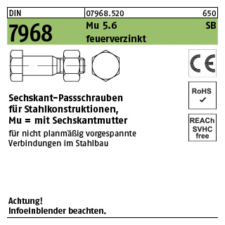 100 Stück, DIN 7968 Mu 5.6 SB feuerverzinkt Sechskant-Passschrauben für Stahlkonstruktionen, mit Sechskantmu. - Abmessung: M 12 x 35