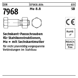 1 Stück, DIN 7968 CE Mu 8.8 SB Sechskant-Paßschrauben f.Stahlbau Mu = mit Sechskantmutter - Abmessung: M 12 x 35