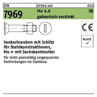 100 Stück, DIN 7969 Mu 4.6 SB galvanisch verzinkt Senkschrauben mit Schlitz für Stahlkonstruktionen, mit Sechskantmu. - Abmessung: M 12 x 30