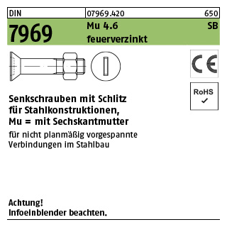 100 Stück, DIN 7969 Mu 4.6 SB feuerverzinkt Senkschrauben mit Schlitz für Stahlkonstruktionen, mit Sechskantmu. - Abmessung: M 12 x 45